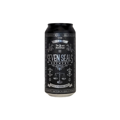 SEVEN SEALS The Black Horseman 'FAMINE' is a handcrafted traditional OATMEAL STOUT. A full-bodied, malty and mysterious black beer full of surprises with chocolate and coffee aromas, vanilla and cocoa notes and a rich, sweet, alcoholic aftertaste. 440ml can.