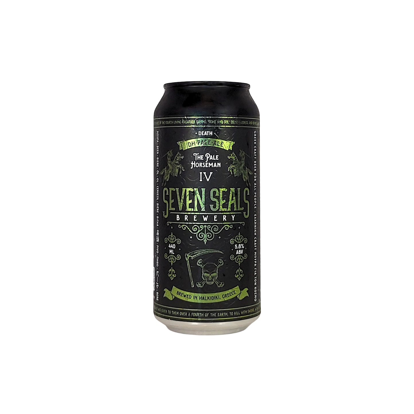 SEVEN SEALS The Pale Horseman 'DEATH' is a handcrafted, fruity, DRY HOPPED PALE ALE. Amber-coloured it boasts a soft, malty character with aromas of sweet tangerine, pineapple and mango. 440ml can.