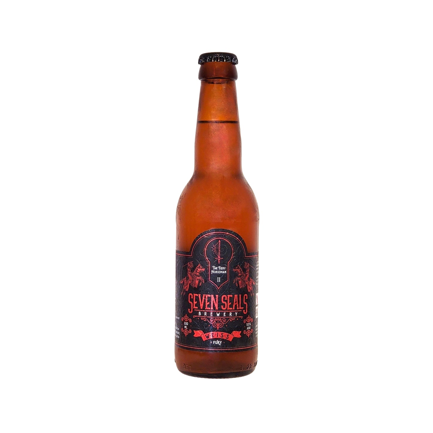 SEVEN SEALS The Fiery Horseman 'FURY' is a handcrafted traditional WEISS. Hazy, full of surprises with a fruity character, aromas of banana and clove, with a slightly spicy aftertaste. 330ml bottle.