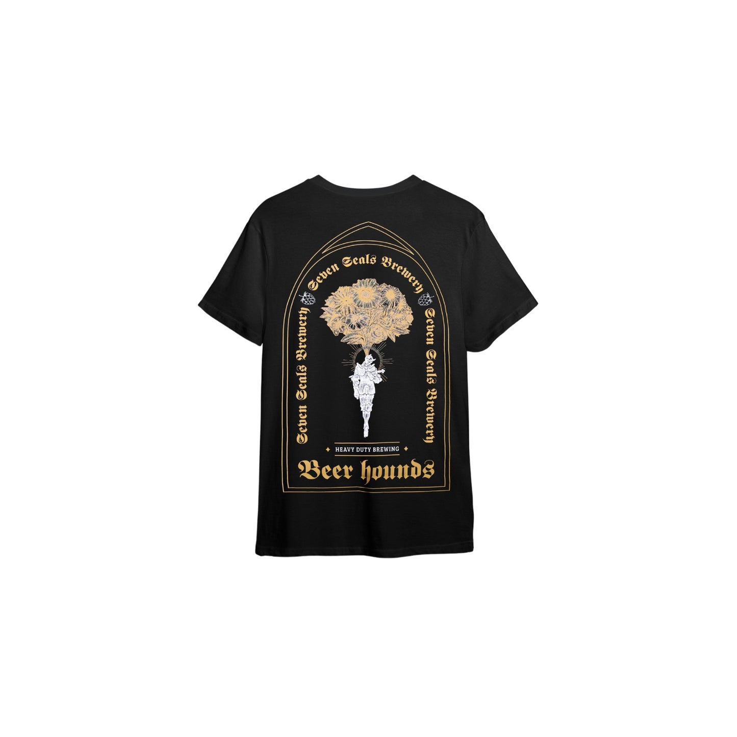 Seven Seals Black T-Shirt with Knight and Gold Flowers, Back