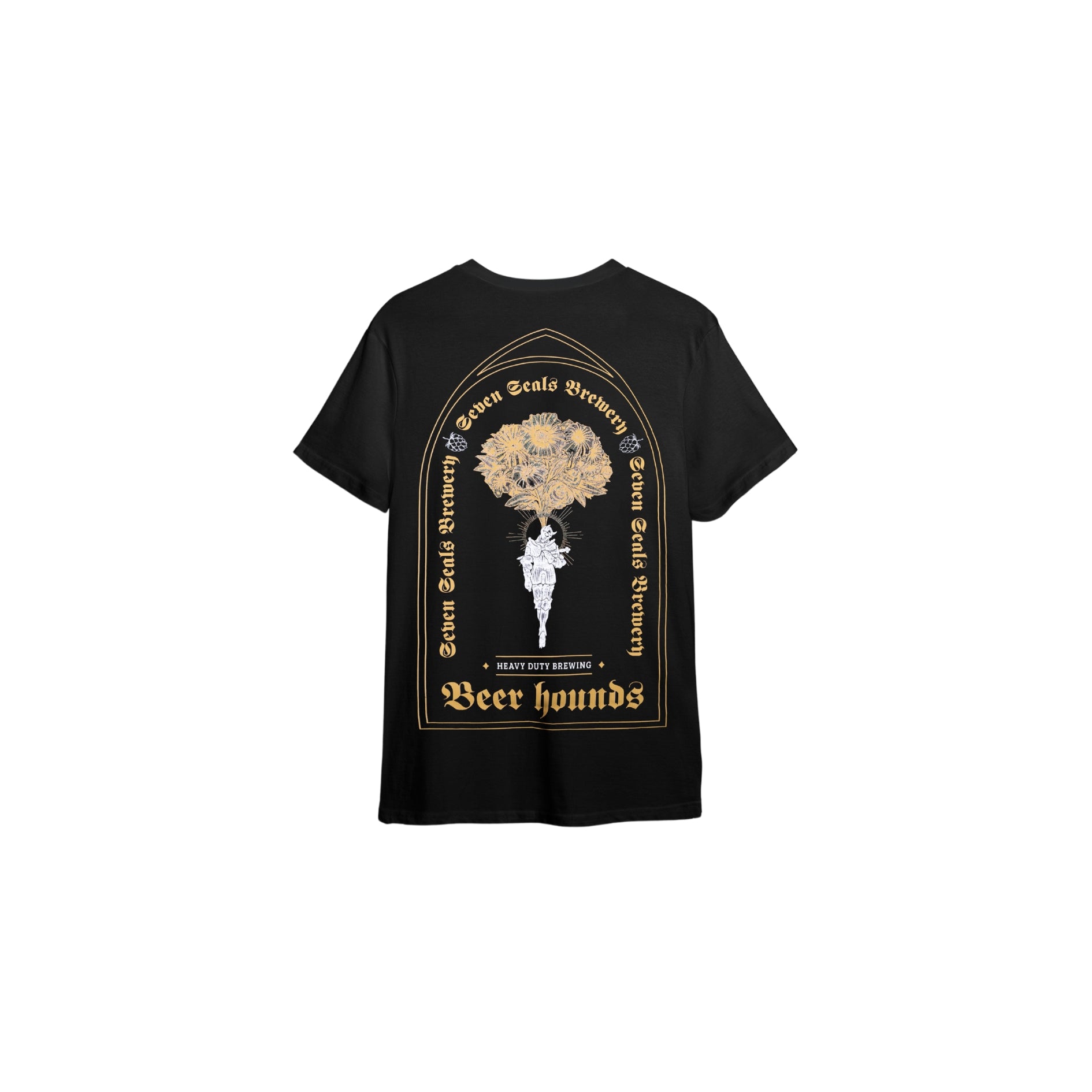 Seven Seals Black T-Shirt with Knight and Gold Flowers, Back