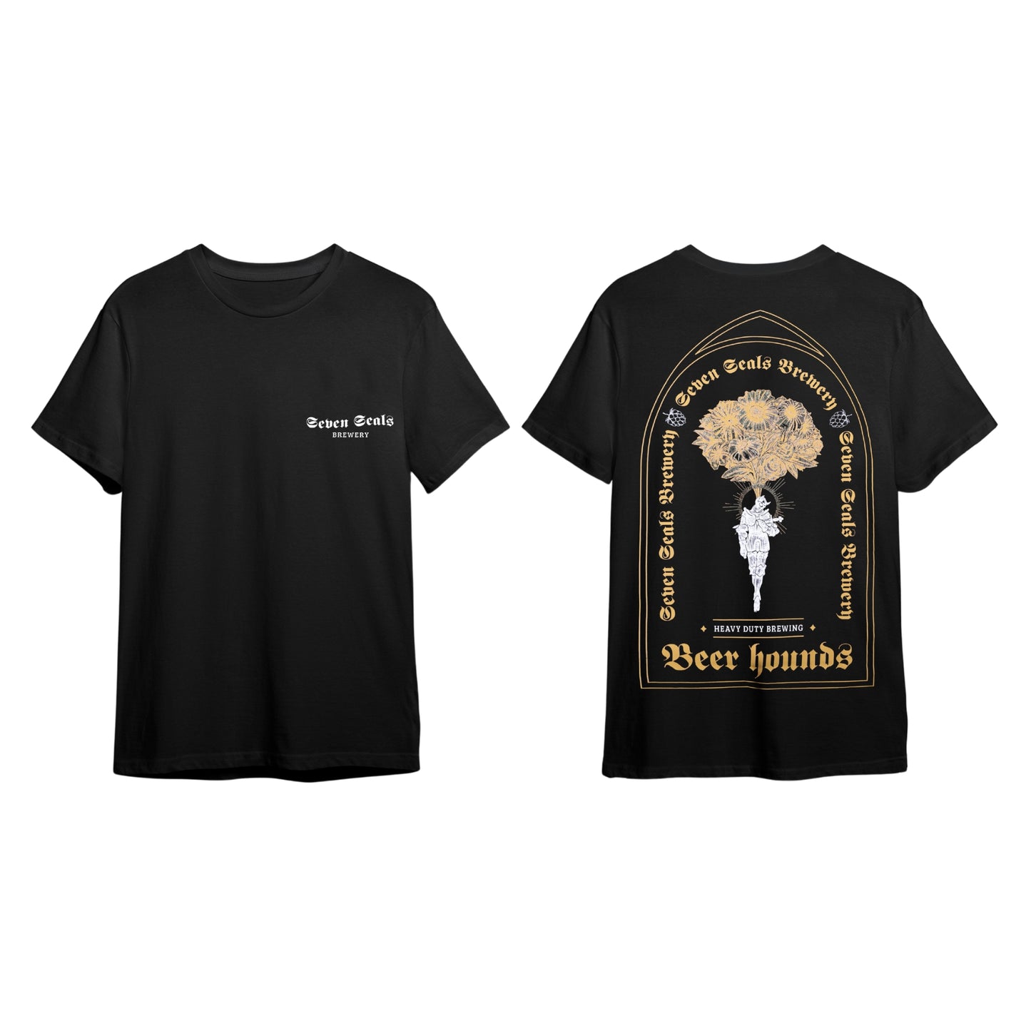 Seven Seals Black T-Shirt with Knight and Gold Flowers, Front and Back