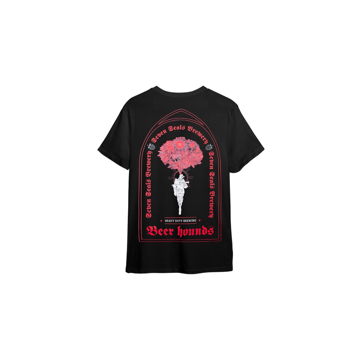 Seven Seals Black T-Shirt with White Knights and Red Trim, Back