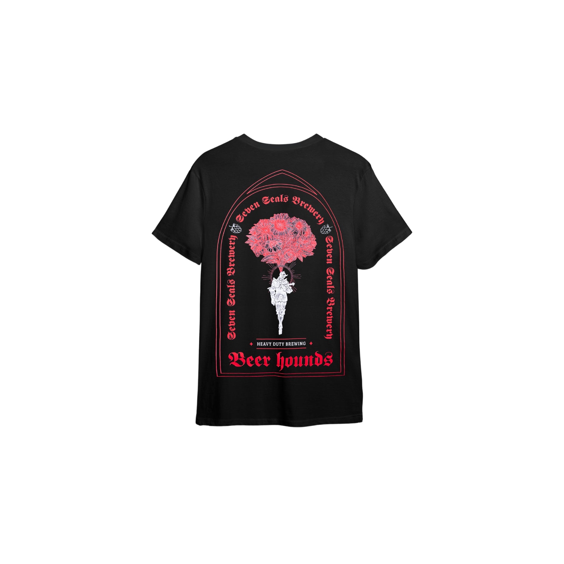 Seven Seals Black T-Shirt with White Knights and Red Trim, Back