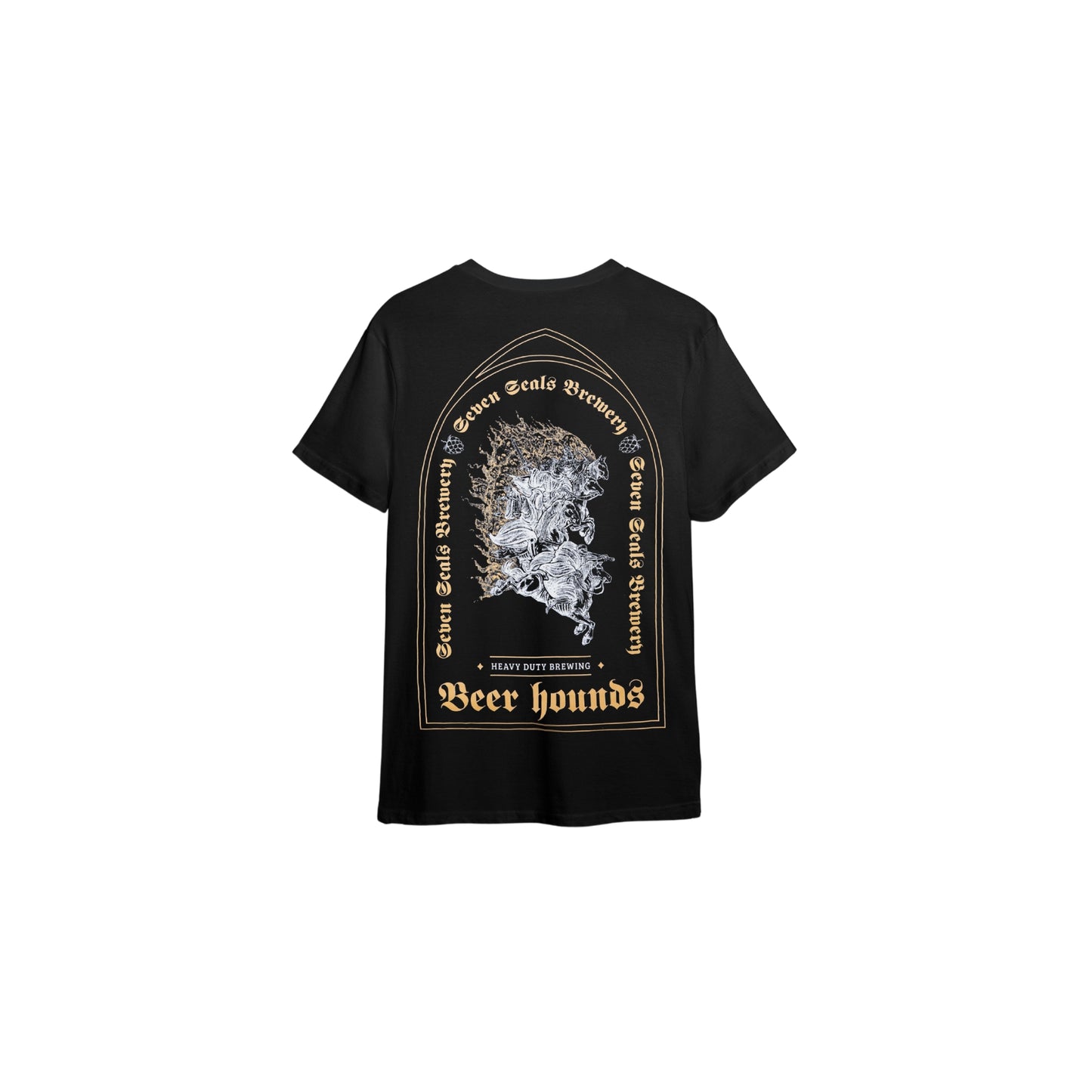Seven Seals Black T-Shirt with White Knights and Gold Trim, Back