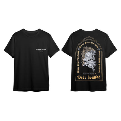 Seven Seals Black T-Shirt with White Knights and Gold Trim, Front and Back