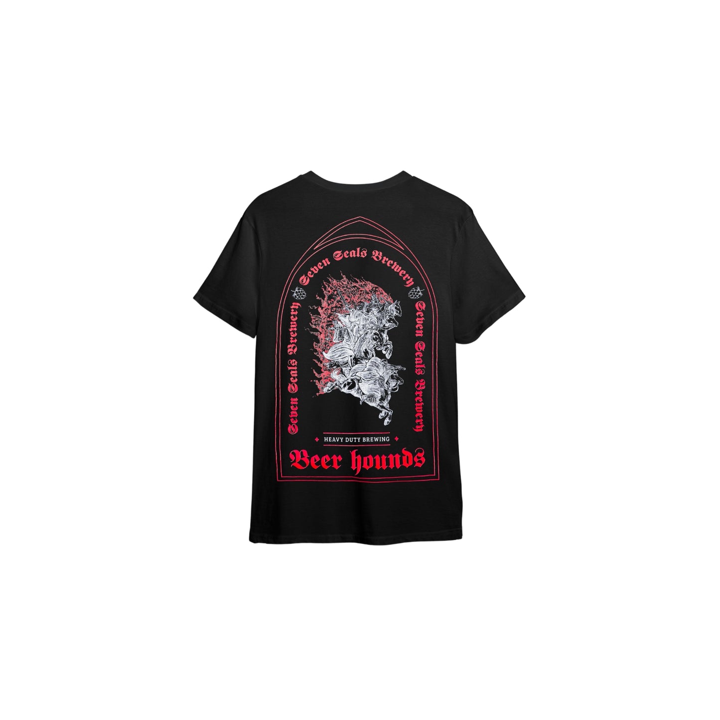 Seven Seals Black T-Shirt with White Knights and Red Trim, Back