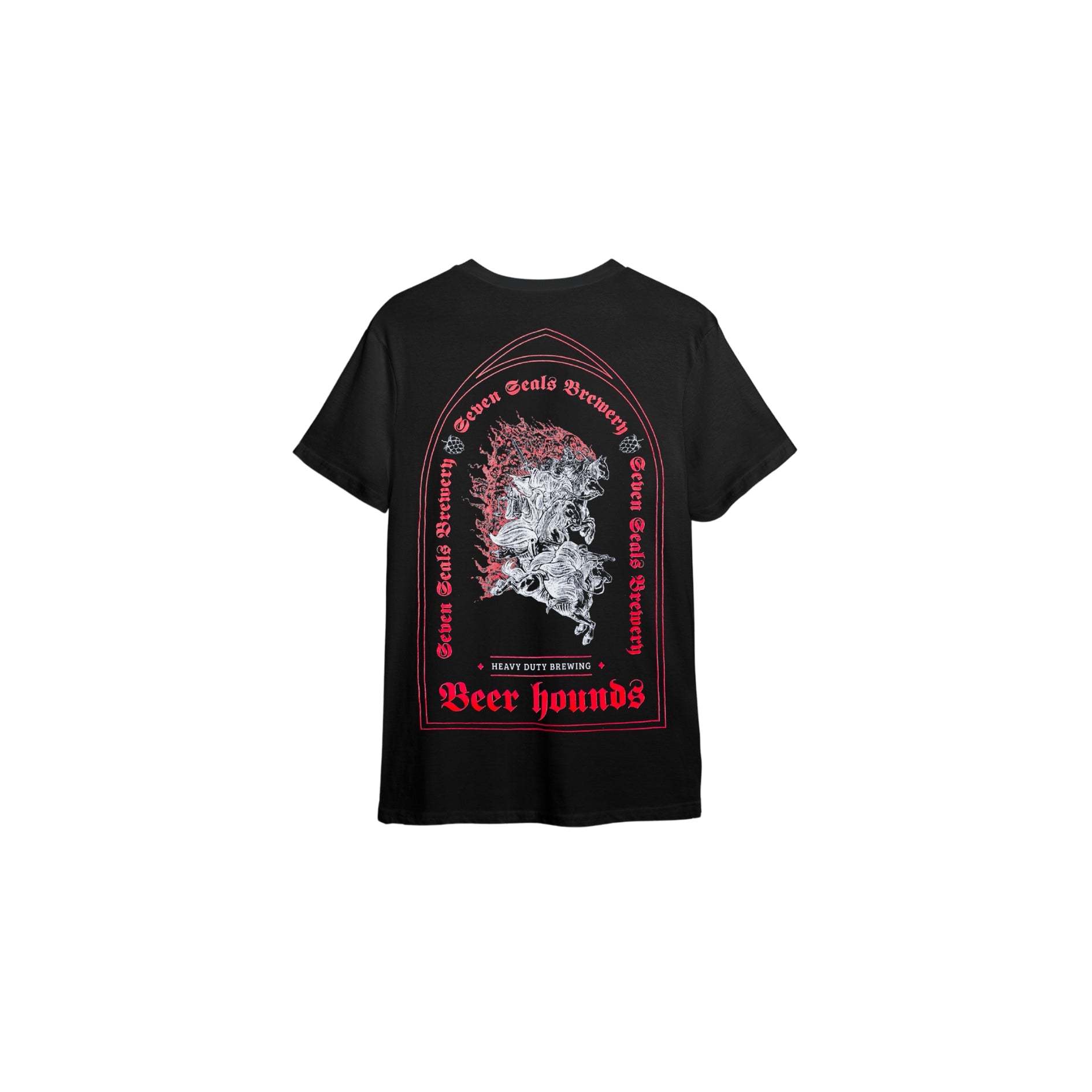 Seven Seals Black T-Shirt with White Knights and Red Trim, Back