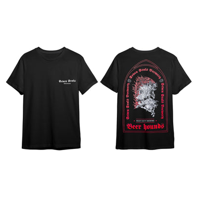 Seven Seals Black T-Shirt with White Knights and Red Trim, Front and Back