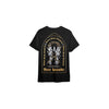 Seven Seals Black T-Shirt with White Skeletons and Gold Trim, Back