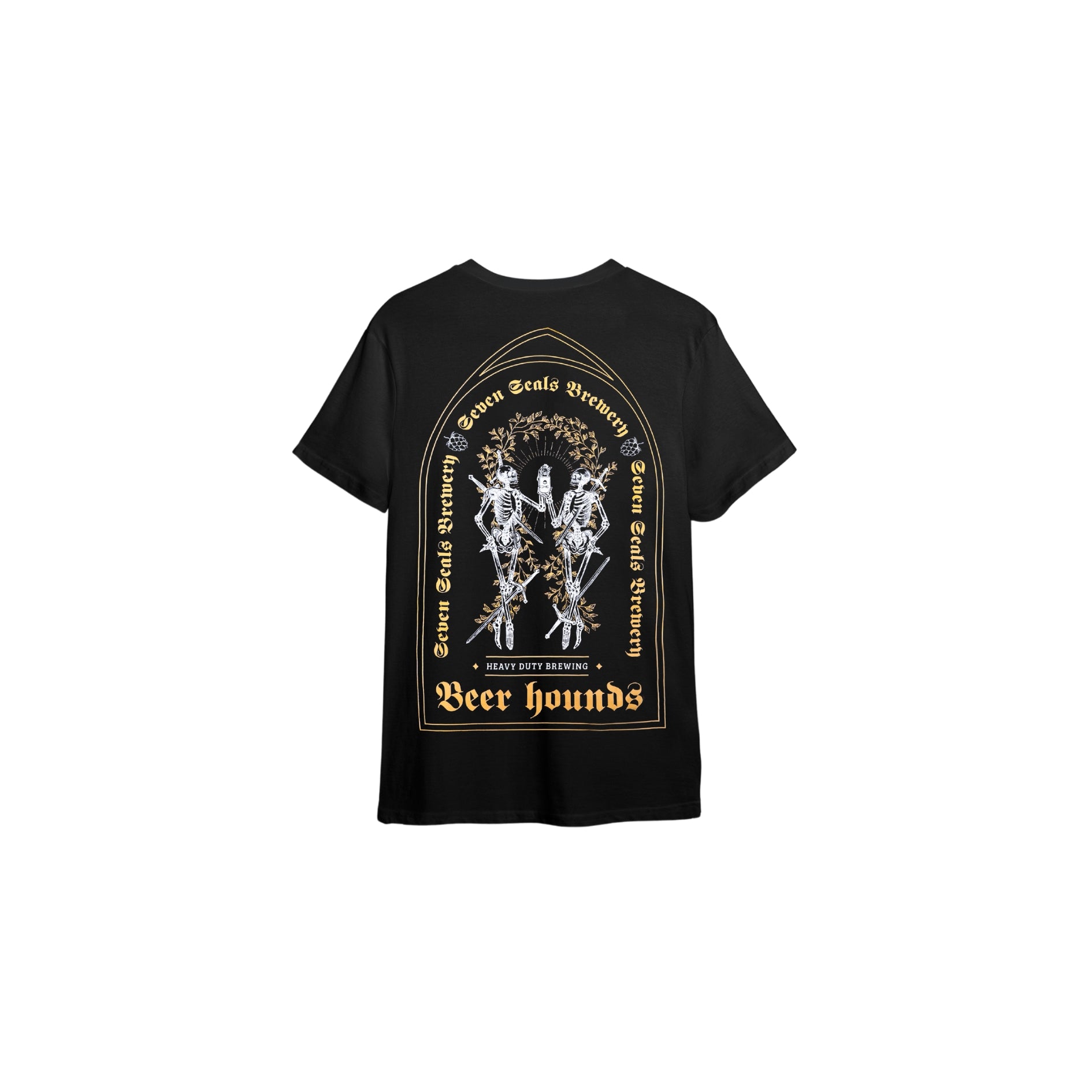 Seven Seals Black T-Shirt with White Skeletons and Gold Trim, Back