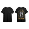 Seven Seals Black T-Shirt with White Skeletons and Gold Trim, Front and Back