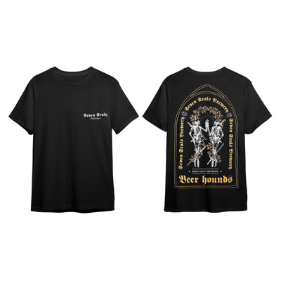 Seven Seals Black T-Shirt with White Skeletons and Gold Trim, Front and Back