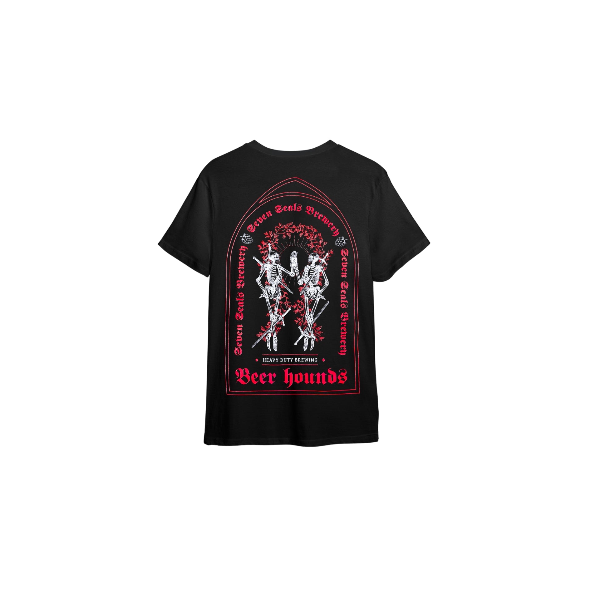 Seven Seals Black T-Shirt with White Skeletons and Red Trim, Back