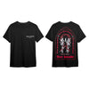 Seven Seals Black T-Shirt with White Skeletons and Red Trim, Front and Back