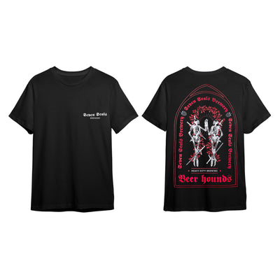 Seven Seals Black T-Shirt with White Skeletons and Red Trim, Front and Back