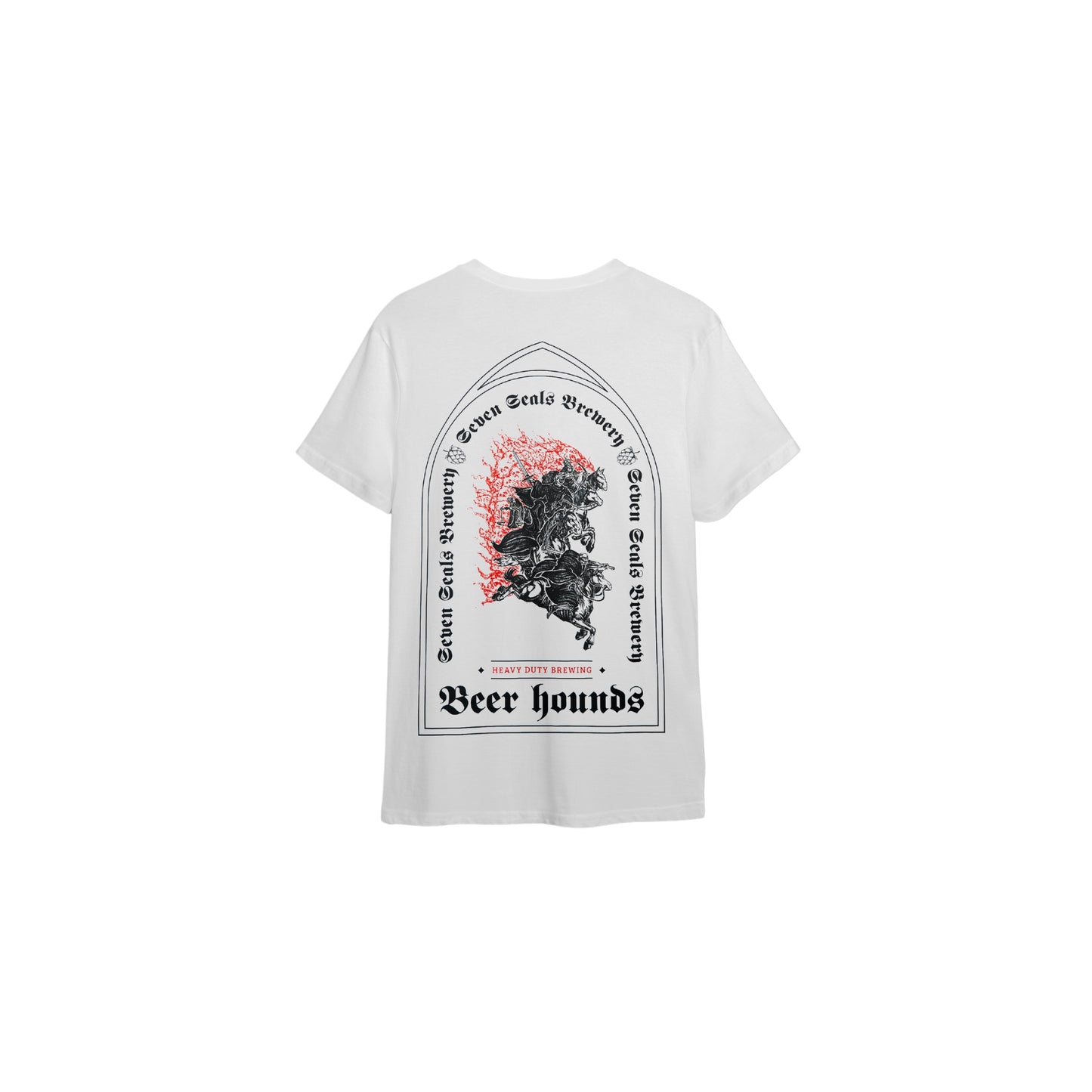 Seven Seals White T-Shirt with Black Knights and Red Trim, Back