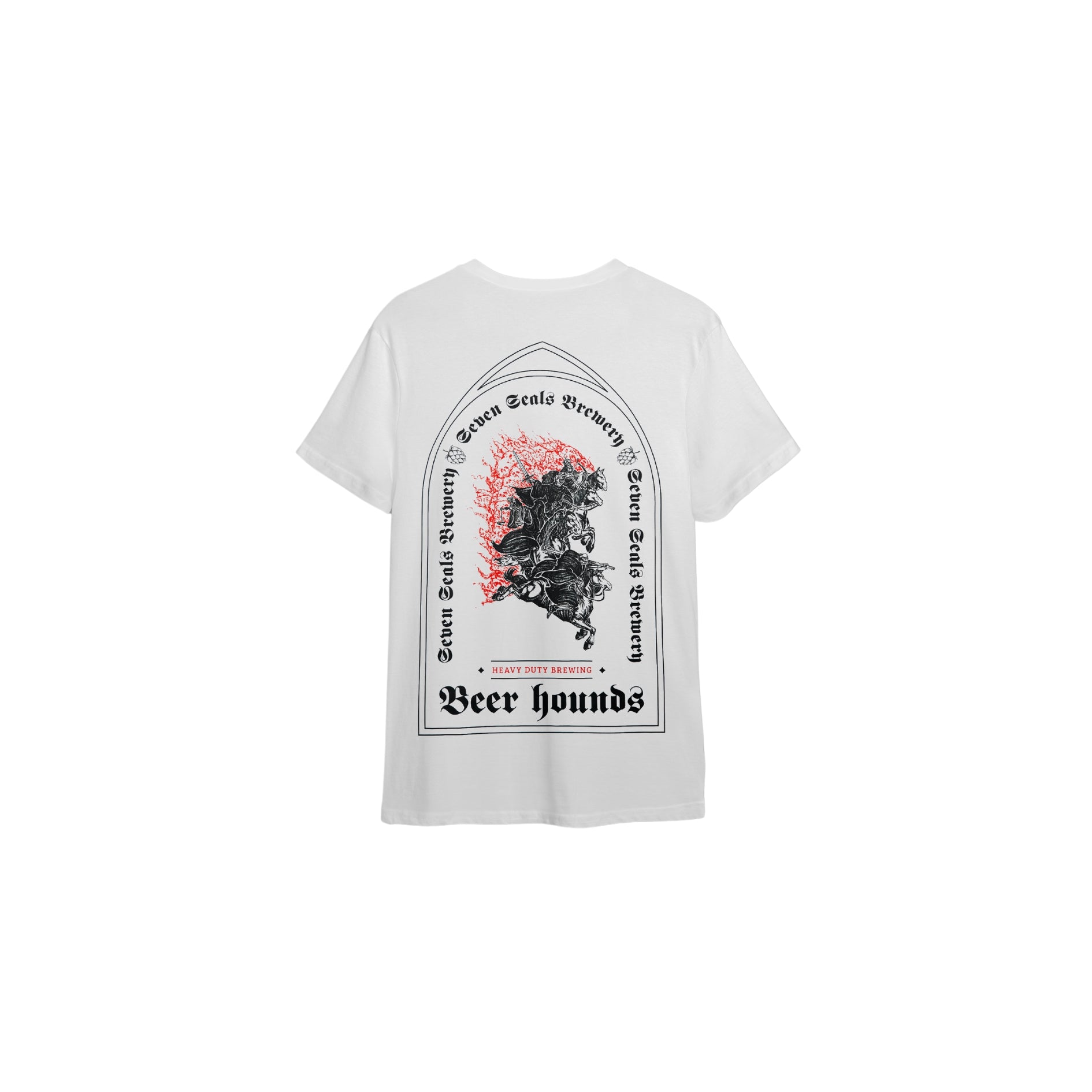 Seven Seals White T-Shirt with Black Knights and Red Trim, Back