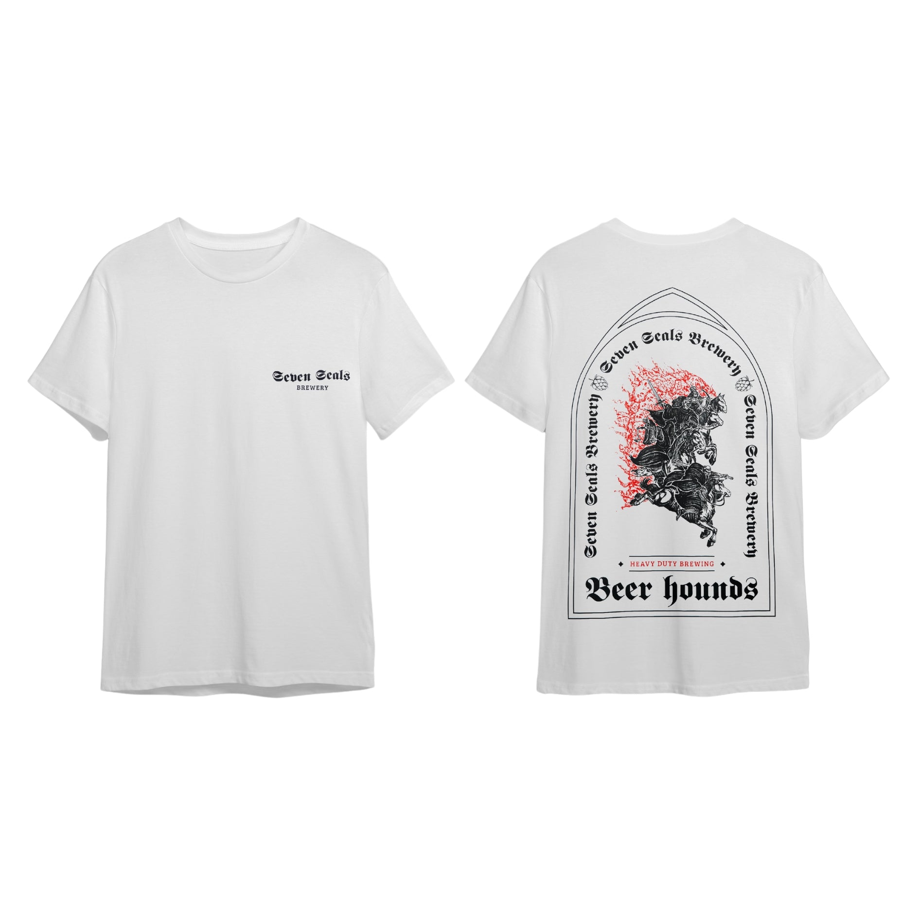 Seven Seals White T-Shirt with Black Knights and Red Trim, Front and Back