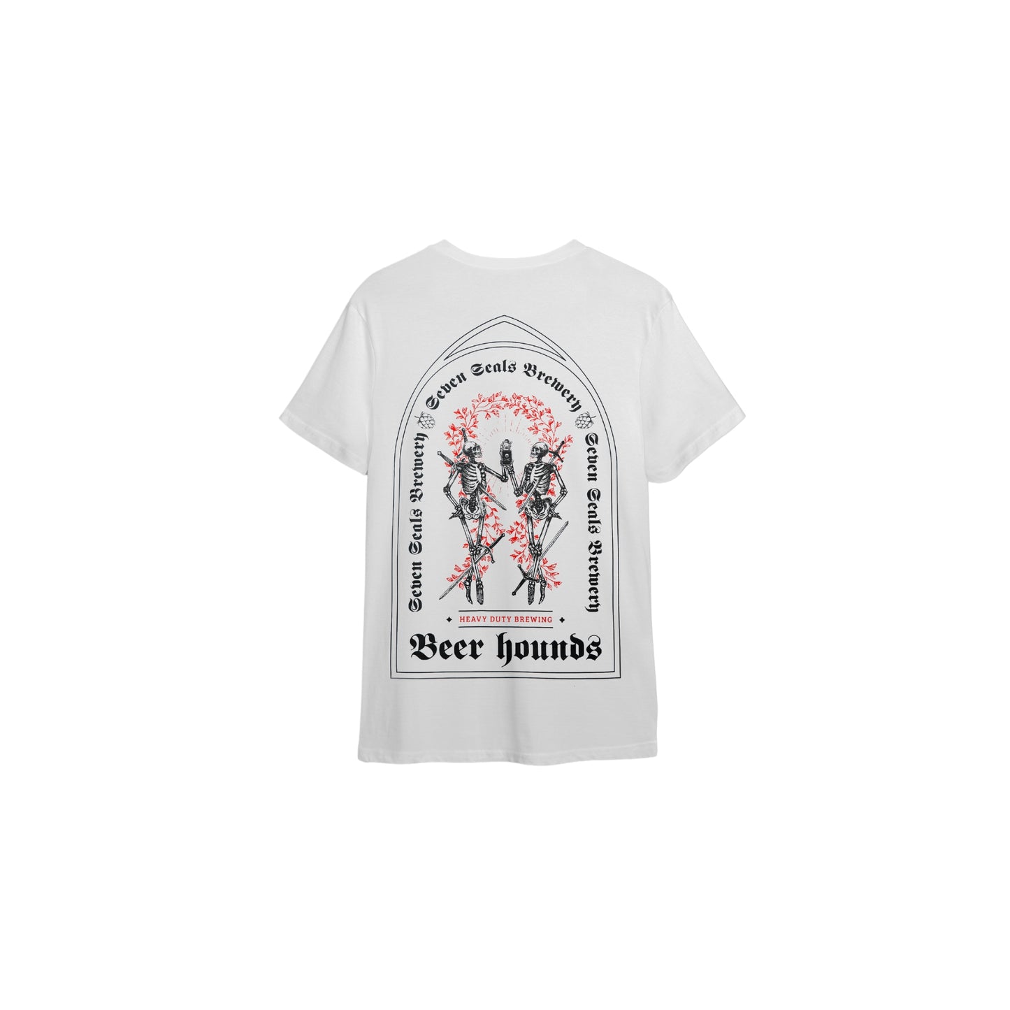 Seven Seals White T-Shirt with Black Skeletons and Red Trim, Back