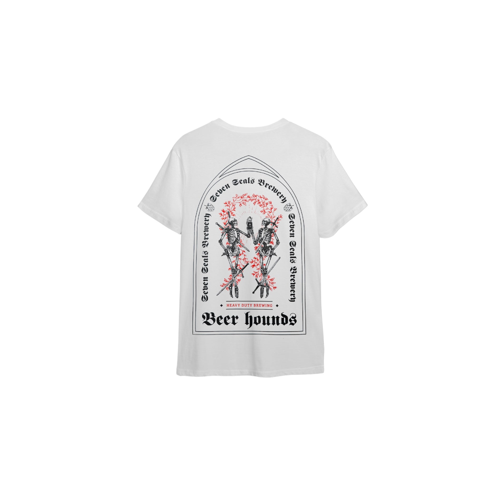 Seven Seals White T-Shirt with Black Skeletons and Red Trim, Back