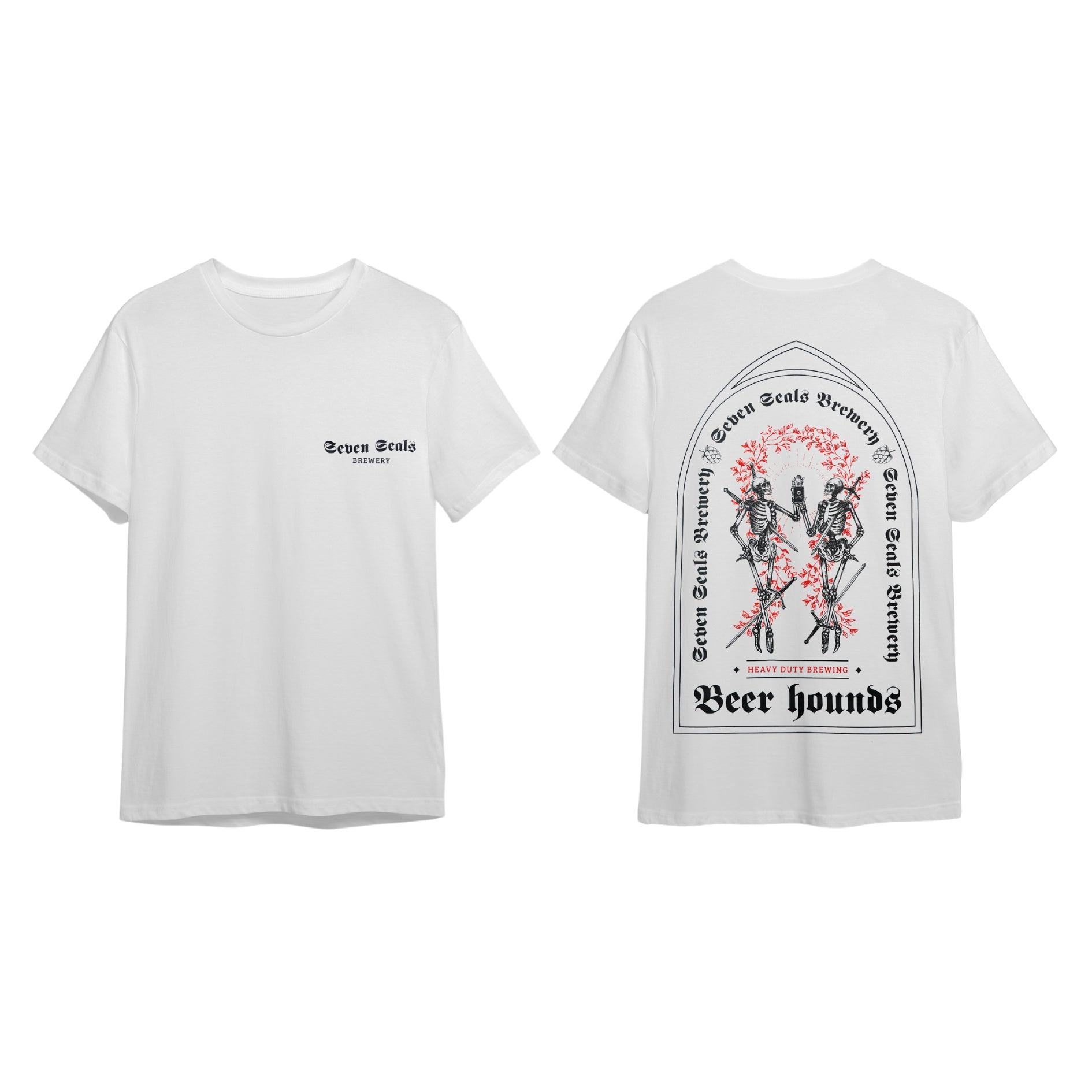 Seven Seals White T-Shirt with Black Skeletons and Red Trim, Front and Back