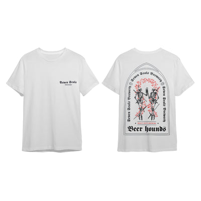 Seven Seals White T-Shirt with Black Skeletons and Red Trim, Front and Back