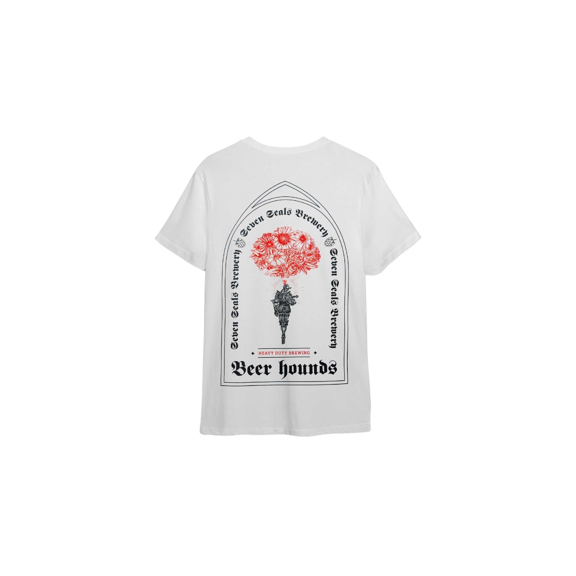 Seven Seals White T-Shirt with Knight and Red Flowers, Back