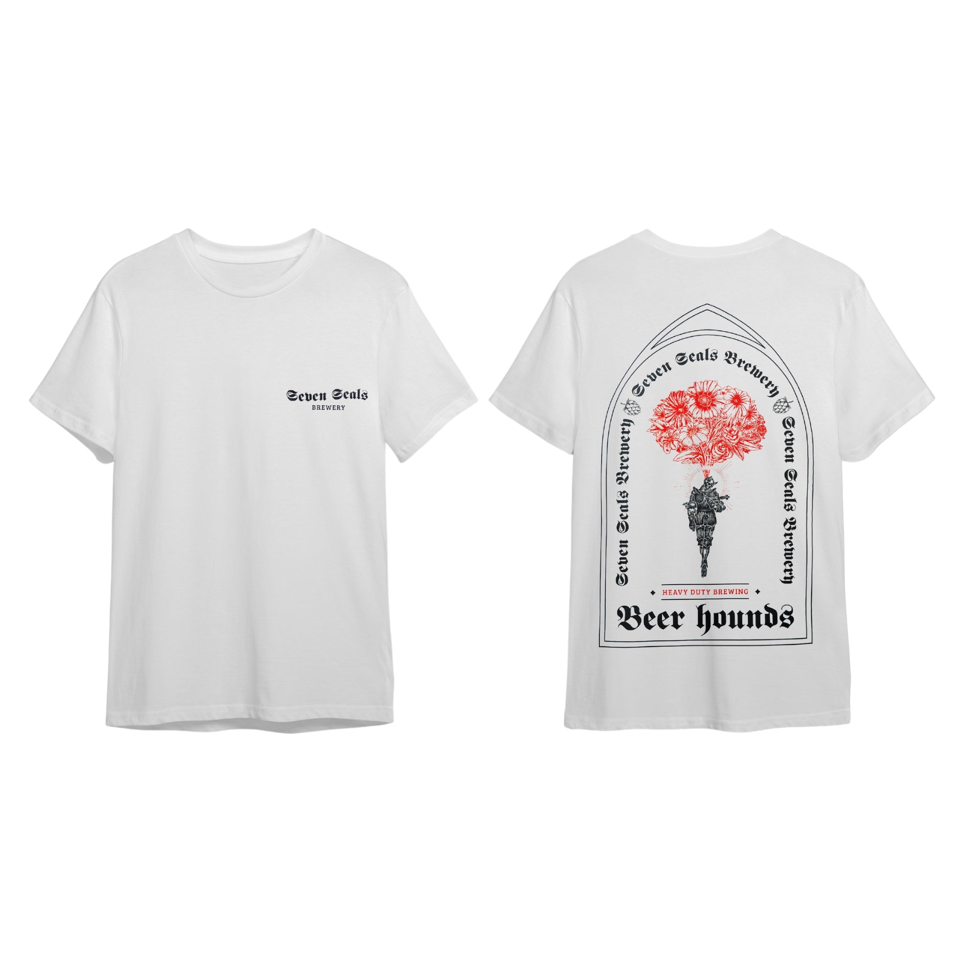 Seven Seals White T-Shirt with Knight and Red Flowers, Front and Back